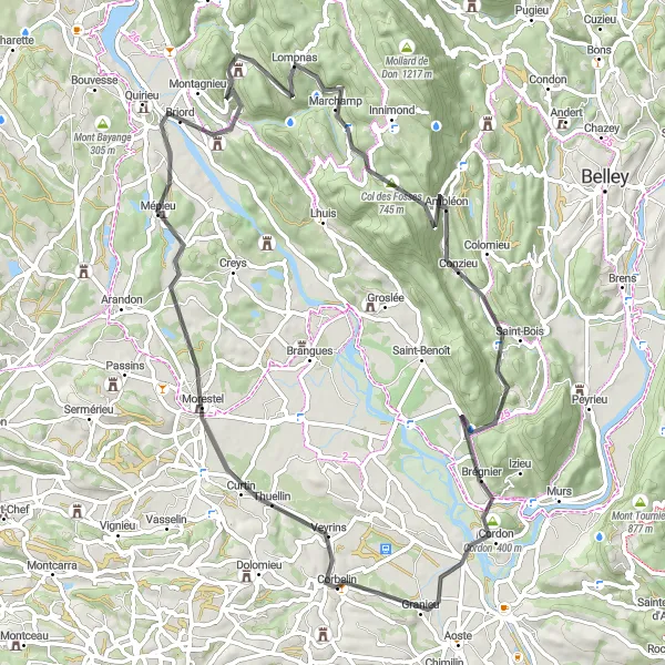 Miniatura della mappa di ispirazione al ciclismo "Giro panoramico di 78 km da Corbelin" nella regione di Rhône-Alpes, France. Generata da Tarmacs.app, pianificatore di rotte ciclistiche