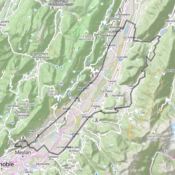 Kartminiatyr av "Utforsk Meylan og Crolles på denne vakre sykkelruten" sykkelinspirasjon i Rhône-Alpes, France. Generert av Tarmacs.app sykkelrutoplanlegger