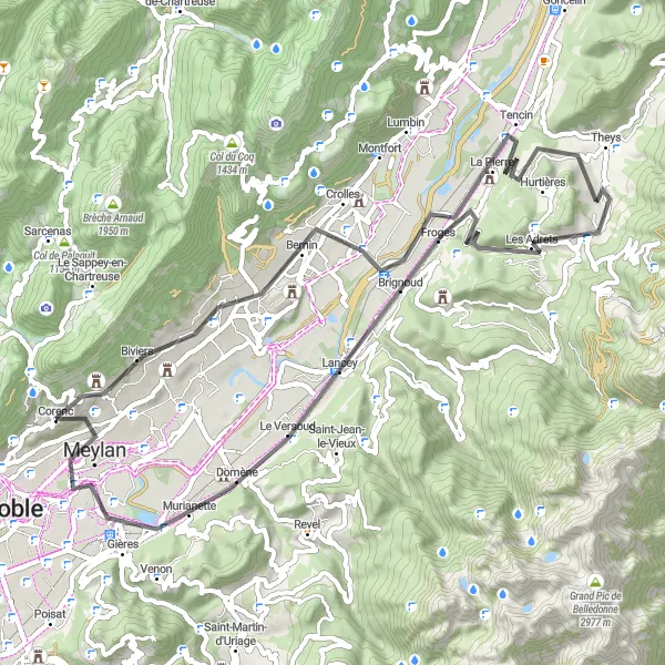 Map miniature of "Corenc - Saint-Ismier - Tencin - Col de la Croix des Adrets - Les Adrets - Villard-Bonnot - Les Charmettes - Meylan Loop" cycling inspiration in Rhône-Alpes, France. Generated by Tarmacs.app cycling route planner