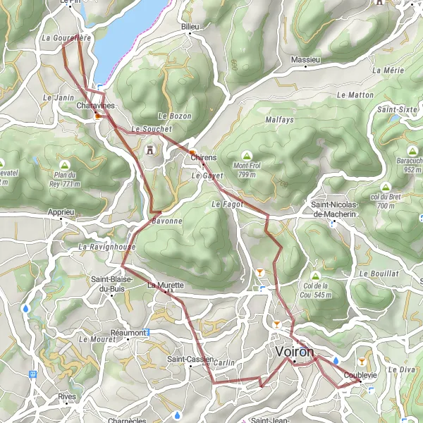 Karttaminiaatyyri "Rentouttava Graavelpolku Voironin Lähellä" pyöräilyinspiraatiosta alueella Rhône-Alpes, France. Luotu Tarmacs.app pyöräilyreittisuunnittelijalla