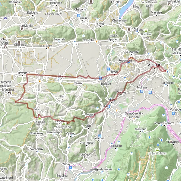Map miniature of "Gravel Adventure to Voiron" cycling inspiration in Rhône-Alpes, France. Generated by Tarmacs.app cycling route planner