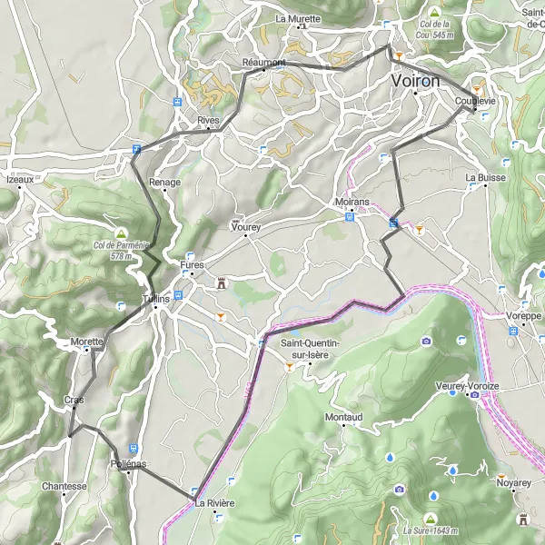 Miniatua del mapa de inspiración ciclista "Recorrido Escénico por Carretera desde Coublevie - Aventura Serena" en Rhône-Alpes, France. Generado por Tarmacs.app planificador de rutas ciclistas