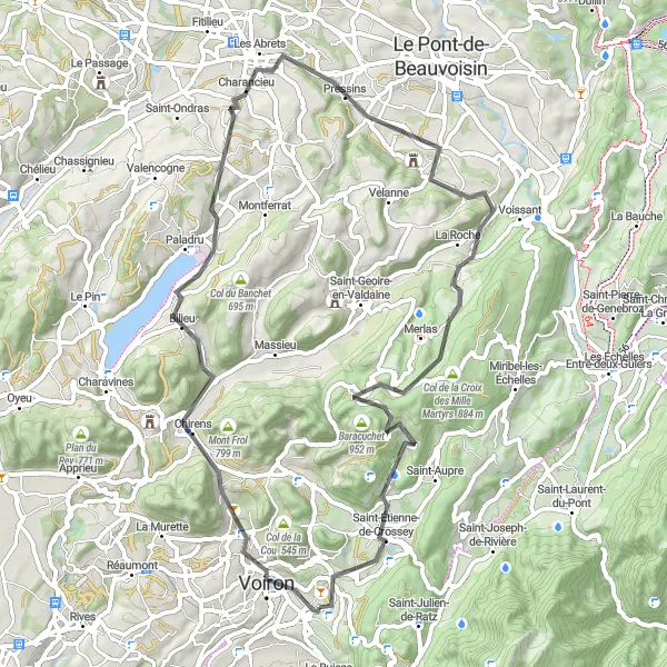 Mapa miniatúra "Cyklotrasa okolo Coublevie s výhľadom na Tour Barral" cyklistická inšpirácia v Rhône-Alpes, France. Vygenerované cyklistickým plánovačom trás Tarmacs.app