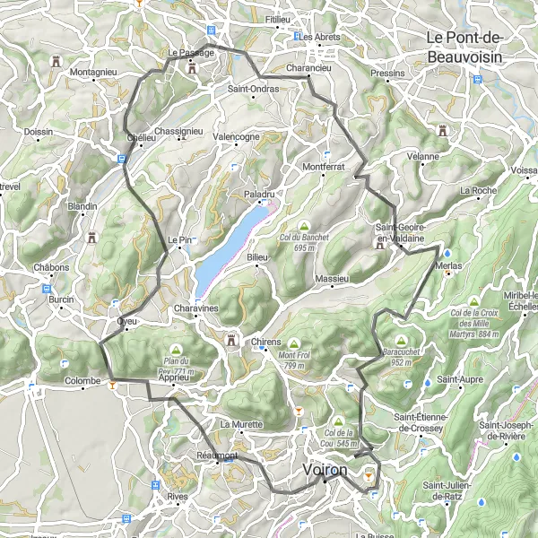 Karttaminiaatyyri "Coublevie - Tour Barral - Apprieu - Chélieu - Charancieu - Merlas - Baracuchet - Col de la Croix Bayard" pyöräilyinspiraatiosta alueella Rhône-Alpes, France. Luotu Tarmacs.app pyöräilyreittisuunnittelijalla