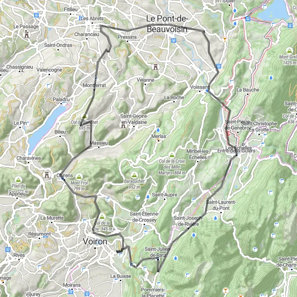 Mapa miniatúra "Náročná cestná trasa cez Col de la Croix Bayard" cyklistická inšpirácia v Rhône-Alpes, France. Vygenerované cyklistickým plánovačom trás Tarmacs.app