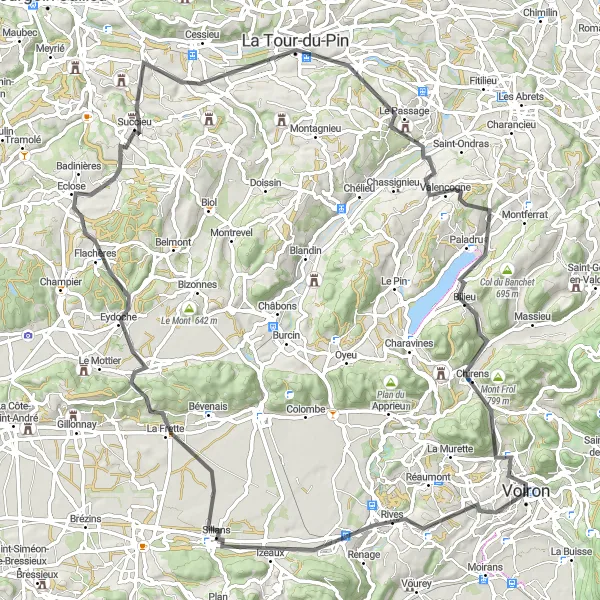 Miniaturní mapa "Trasa kolem Voironu a Saint-Didier-de-la-Tour" inspirace pro cyklisty v oblasti Rhône-Alpes, France. Vytvořeno pomocí plánovače tras Tarmacs.app