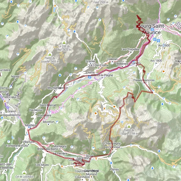 Miniaturní mapa "Courchevel - Bourg-Saint-Maurice Gravel Adventure" inspirace pro cyklisty v oblasti Rhône-Alpes, France. Vytvořeno pomocí plánovače tras Tarmacs.app