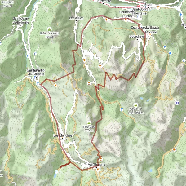 Karttaminiaatyyri "Gravel-kierros Courchevel - Dent de Burgin - 3 Marches - Val Thorens - Saint-Martin-de-Belleville - Pas de Cherferie - La Tania" pyöräilyinspiraatiosta alueella Rhône-Alpes, France. Luotu Tarmacs.app pyöräilyreittisuunnittelijalla