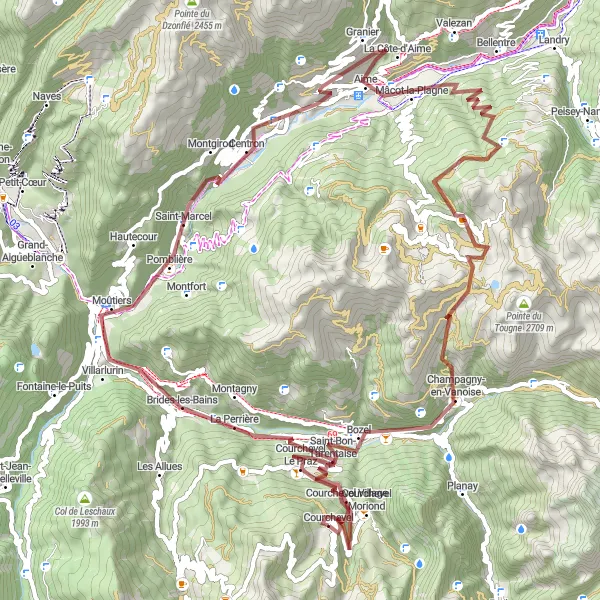 Mapa miniatúra "Gravel cyklotúra cez Brides-les-Bains a Belle Plagne" cyklistická inšpirácia v Rhône-Alpes, France. Vygenerované cyklistickým plánovačom trás Tarmacs.app