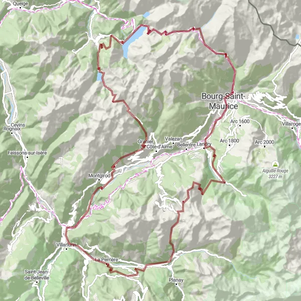 Kartminiatyr av "Grusvei Eventyr fra Courchevel til Bourg-Saint-Maurice" sykkelinspirasjon i Rhône-Alpes, France. Generert av Tarmacs.app sykkelrutoplanlegger