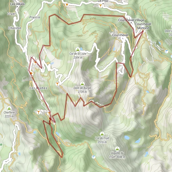 Miniaturekort af cykelinspirationen "Gruscykelrute til Méribel-Mottaret" i Rhône-Alpes, France. Genereret af Tarmacs.app cykelruteplanlægger