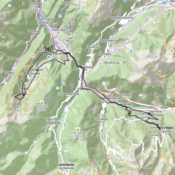 Mapa miniatúra "Road cycling adventure to Moûtiers" cyklistická inšpirácia v Rhône-Alpes, France. Vygenerované cyklistickým plánovačom trás Tarmacs.app