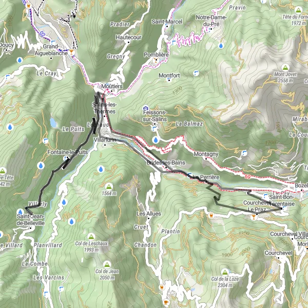 Karttaminiaatyyri "Kiertue Courchevel - Salins-les-Thermes - Saint-Jean-de-Belleville - Villarlurin - Saint-Bon-Tarentaise" pyöräilyinspiraatiosta alueella Rhône-Alpes, France. Luotu Tarmacs.app pyöräilyreittisuunnittelijalla