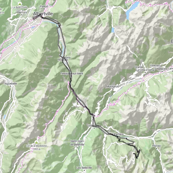 Miniatuurkaart van de fietsinspiratie "Wegenroute naar Albertville en La Tania" in Rhône-Alpes, France. Gemaakt door de Tarmacs.app fietsrouteplanner