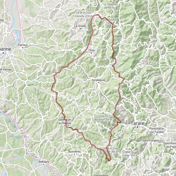 Miniaturní mapa "Gravel Route: Cours-la-Ville Circuit" inspirace pro cyklisty v oblasti Rhône-Alpes, France. Vytvořeno pomocí plánovače tras Tarmacs.app