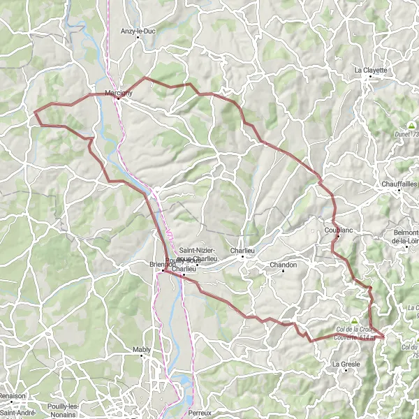 Map miniature of "Gravel Adventure: Iguerande Loop" cycling inspiration in Rhône-Alpes, France. Generated by Tarmacs.app cycling route planner