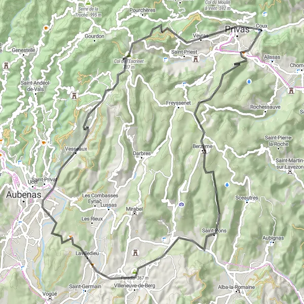 Miniatua del mapa de inspiración ciclista "Desafío escénico en la región de Aubenas" en Rhône-Alpes, France. Generado por Tarmacs.app planificador de rutas ciclistas