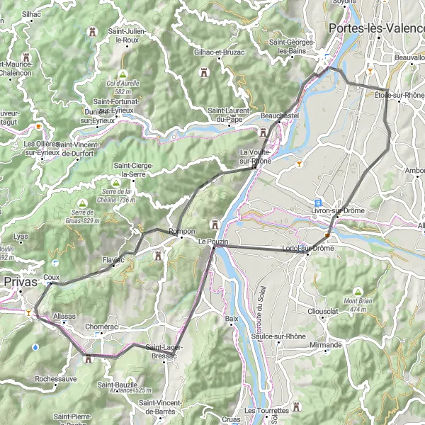 Karttaminiaatyyri "Pyöräilyä Rhônen varrella" pyöräilyinspiraatiosta alueella Rhône-Alpes, France. Luotu Tarmacs.app pyöräilyreittisuunnittelijalla