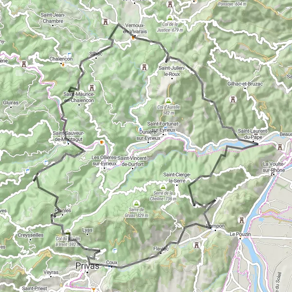 Miniatuurkaart van de fietsinspiratie "Avontuurlijke route vanuit Coux naar Vernoux-en-Vivarais via Saint-Sauveur-de-Montagut" in Rhône-Alpes, France. Gemaakt door de Tarmacs.app fietsrouteplanner