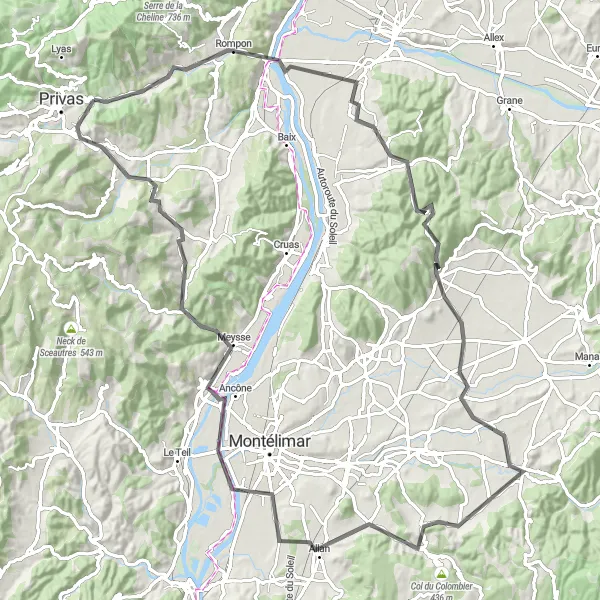 Miniature de la carte de l'inspiration cycliste "Tour des châteaux de la Drôme" dans la Rhône-Alpes, France. Générée par le planificateur d'itinéraire cycliste Tarmacs.app