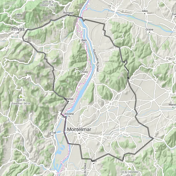 Karttaminiaatyyri "Historiallinen kierros Mirmandeen ja Rochemaureen" pyöräilyinspiraatiosta alueella Rhône-Alpes, France. Luotu Tarmacs.app pyöräilyreittisuunnittelijalla