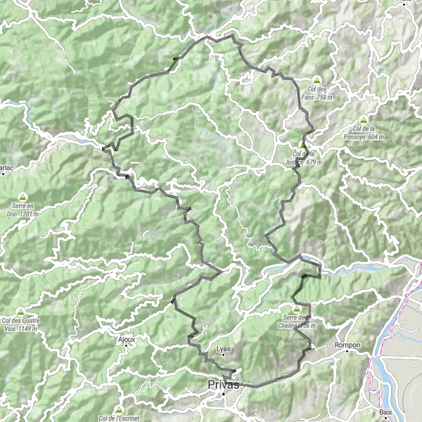 Map miniature of "Coux to Lamastre Road Cycling Route" cycling inspiration in Rhône-Alpes, France. Generated by Tarmacs.app cycling route planner