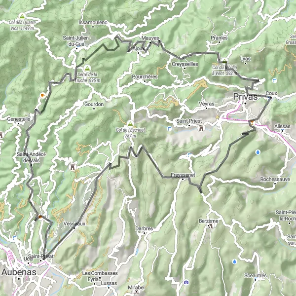 Miniature de la carte de l'inspiration cycliste "Les panoramas de l'Ardèche" dans la Rhône-Alpes, France. Générée par le planificateur d'itinéraire cycliste Tarmacs.app