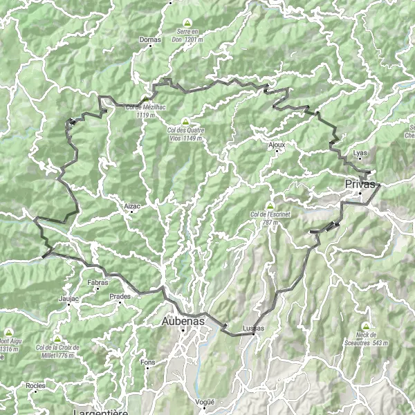 Zemljevid v pomanjšavi "Razburljiva kolesarska avantura do Privas" kolesarske inspiracije v Rhône-Alpes, France. Generirano z načrtovalcem kolesarskih poti Tarmacs.app