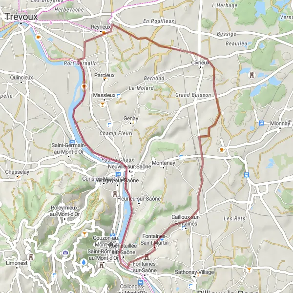 Miniatura mapy "Trasa gravelowa do Albigny-sur-Saône i Fontaines-Saint-Martin" - trasy rowerowej w Rhône-Alpes, France. Wygenerowane przez planer tras rowerowych Tarmacs.app