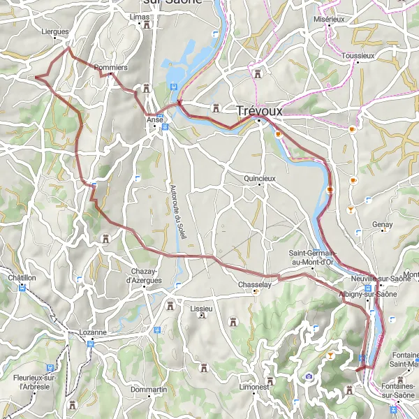 Miniaturní mapa "Kruhová cyklotrasa od Couzon-au-Mont-d'Or" inspirace pro cyklisty v oblasti Rhône-Alpes, France. Vytvořeno pomocí plánovače tras Tarmacs.app