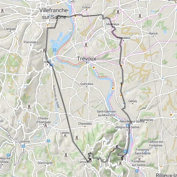 Map miniature of "Mont Verdun and Vllefranche-sur-Saône Loop" cycling inspiration in Rhône-Alpes, France. Generated by Tarmacs.app cycling route planner