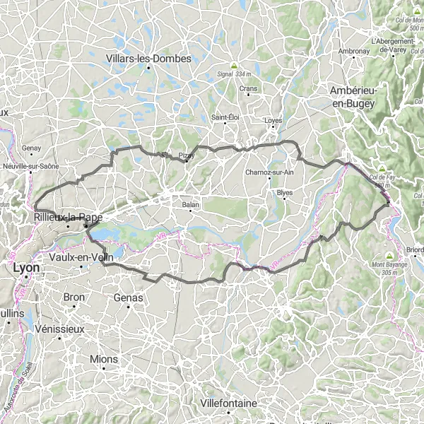 Miniatura della mappa di ispirazione al ciclismo "Giro in bicicletta da Couzon-au-Mont-d'Or" nella regione di Rhône-Alpes, France. Generata da Tarmacs.app, pianificatore di rotte ciclistiche