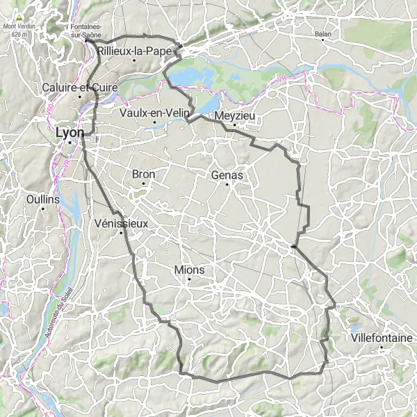 Miniaturní mapa "Okruh kolem Caluire-et-Cuire" inspirace pro cyklisty v oblasti Rhône-Alpes, France. Vytvořeno pomocí plánovače tras Tarmacs.app