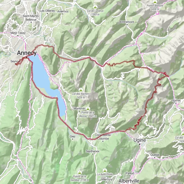 Kartminiatyr av "Äventyrsfylld cykeltur till Col des Aravis" cykelinspiration i Rhône-Alpes, France. Genererad av Tarmacs.app cykelruttplanerare