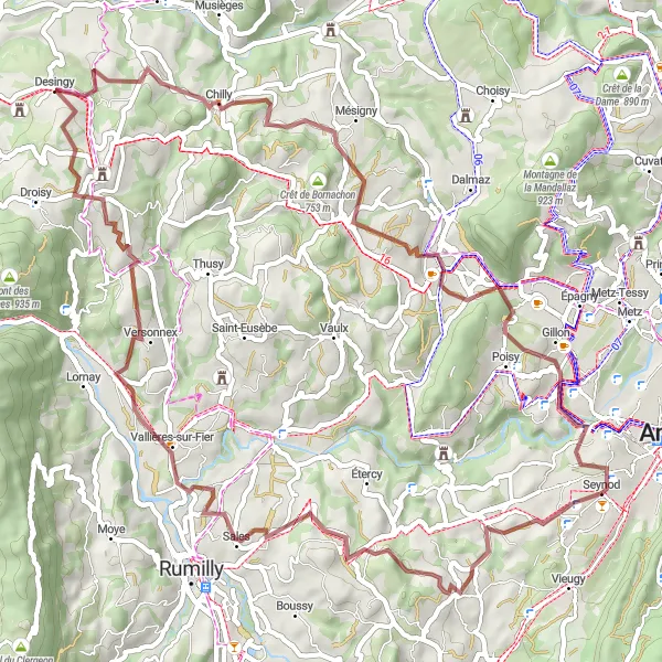 Miniature de la carte de l'inspiration cycliste "Parcours de Gravel Marcellaz-Albanais" dans la Rhône-Alpes, France. Générée par le planificateur d'itinéraire cycliste Tarmacs.app