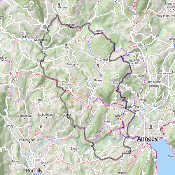 Miniatuurkaart van de fietsinspiratie "Scenic Road Tour to Montagne de la Mandallaz" in Rhône-Alpes, France. Gemaakt door de Tarmacs.app fietsrouteplanner
