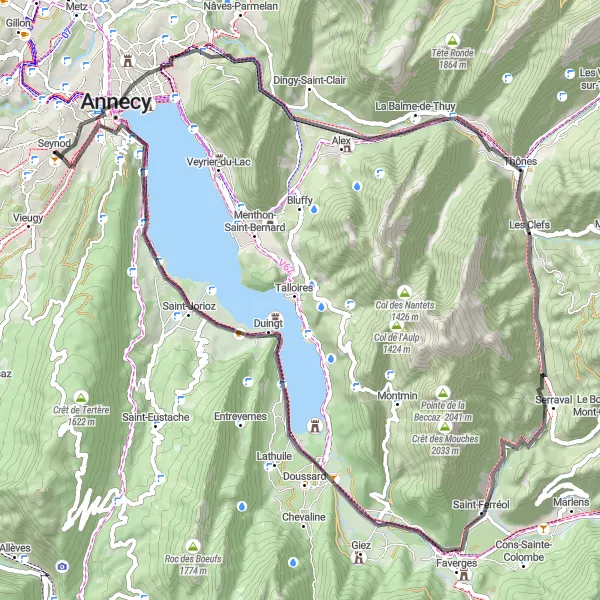 Map miniature of "Road Route to Annecy-le-Vieux" cycling inspiration in Rhône-Alpes, France. Generated by Tarmacs.app cycling route planner