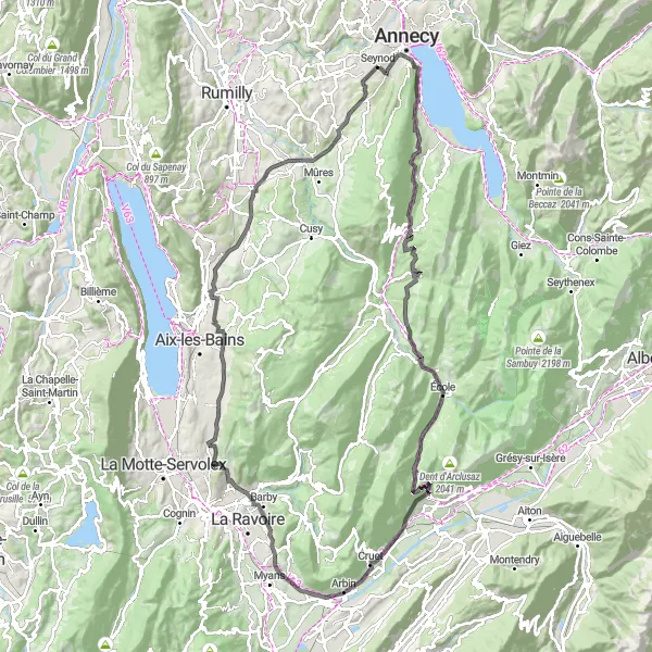 Miniatura della mappa di ispirazione al ciclismo "Giro in bicicletta da Cran-Gevrier al Col de Leschaux e Château de Montpon" nella regione di Rhône-Alpes, France. Generata da Tarmacs.app, pianificatore di rotte ciclistiche