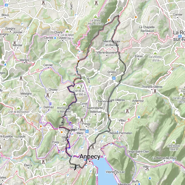 Kartminiatyr av "Cykeltur till Meythet och Montagne de la Mandallaz" cykelinspiration i Rhône-Alpes, France. Genererad av Tarmacs.app cykelruttplanerare