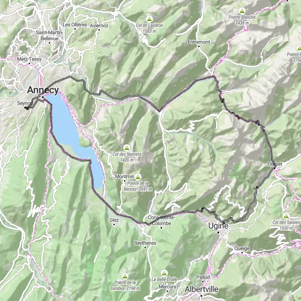 Miniature de la carte de l'inspiration cycliste "Expédition vers Dingy-Saint-Clair et Flumet" dans la Rhône-Alpes, France. Générée par le planificateur d'itinéraire cycliste Tarmacs.app