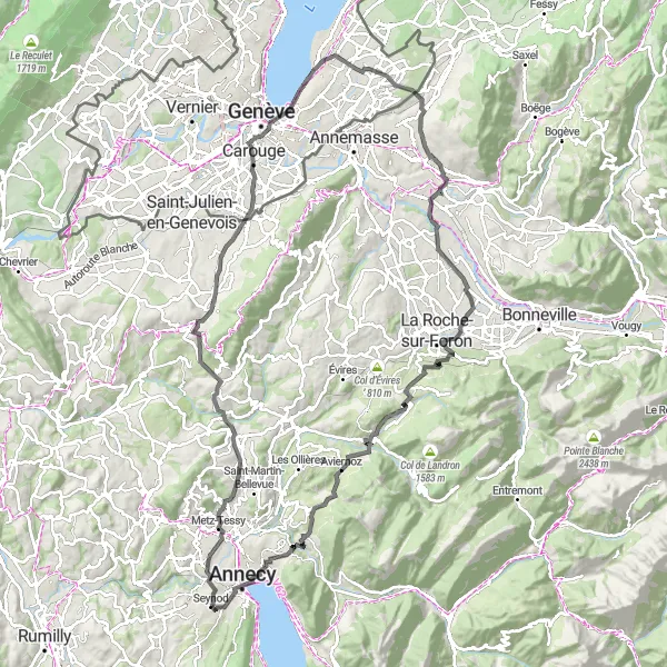 Kartminiatyr av "Utmanande vägcykling runt Geneva" cykelinspiration i Rhône-Alpes, France. Genererad av Tarmacs.app cykelruttplanerare