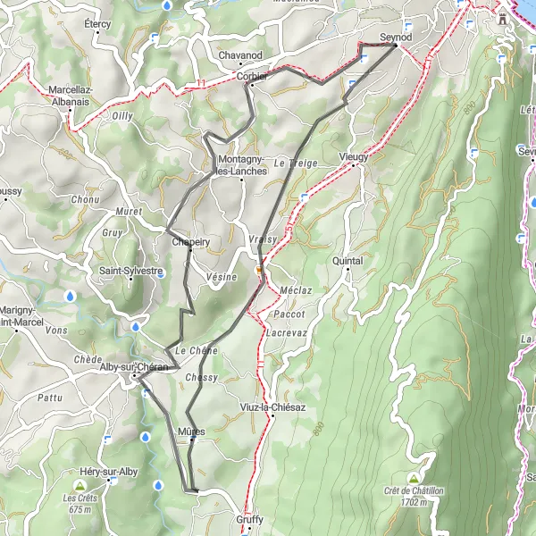 Kartminiatyr av "Målmedvetet äventyr" cykelinspiration i Rhône-Alpes, France. Genererad av Tarmacs.app cykelruttplanerare