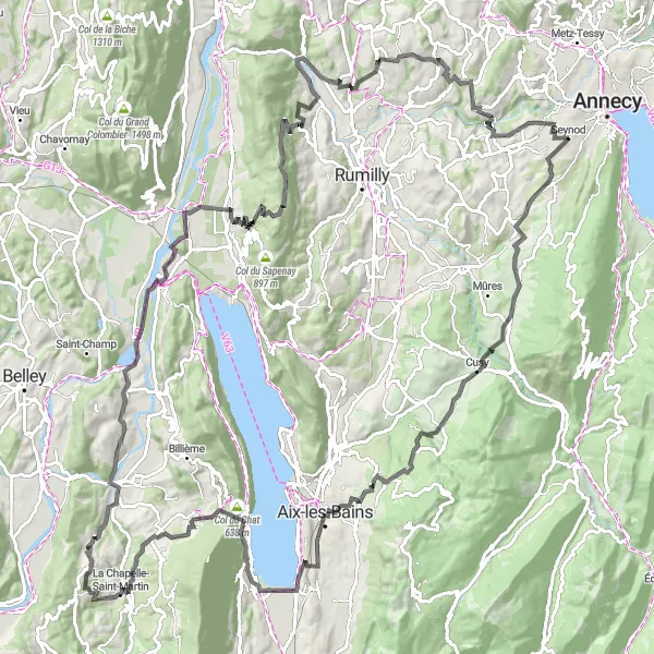 Map miniature of "The Mountain Challenge" cycling inspiration in Rhône-Alpes, France. Generated by Tarmacs.app cycling route planner