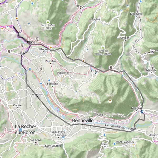 Miniature de la carte de l'inspiration cycliste "Les Villages et les Châteaux Circuit" dans la Rhône-Alpes, France. Générée par le planificateur d'itinéraire cycliste Tarmacs.app