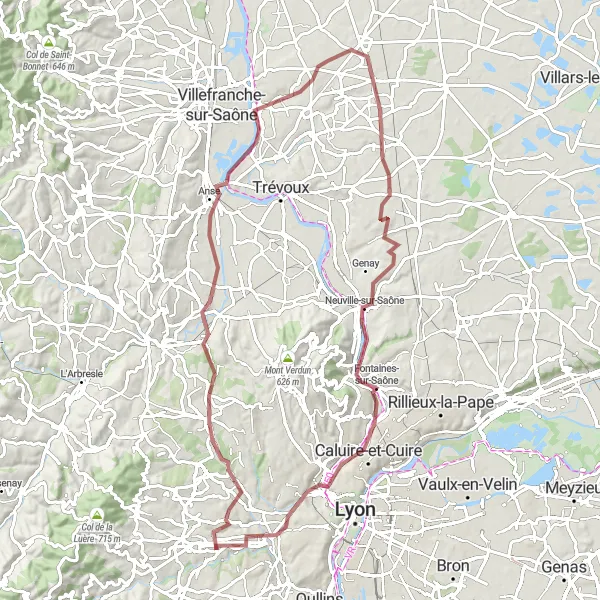 Kartminiatyr av "Upplev Jassans-Riottier" cykelinspiration i Rhône-Alpes, France. Genererad av Tarmacs.app cykelruttplanerare