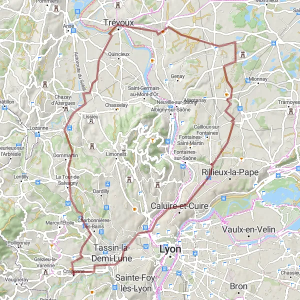 Miniaturní mapa "Gravelová cyklotrasa z Craponne: Panorama a zámek" inspirace pro cyklisty v oblasti Rhône-Alpes, France. Vytvořeno pomocí plánovače tras Tarmacs.app