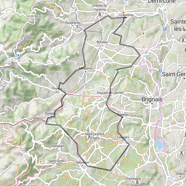 Miniature de la carte de l'inspiration cycliste "Les collines du sud de Lyon" dans la Rhône-Alpes, France. Générée par le planificateur d'itinéraire cycliste Tarmacs.app