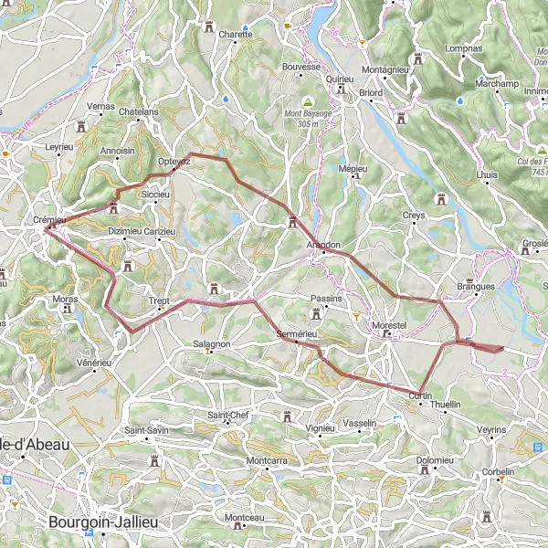 Mapa miniatúra "Gravel Bike Route: Optevoz - Crémieu" cyklistická inšpirácia v Rhône-Alpes, France. Vygenerované cyklistickým plánovačom trás Tarmacs.app