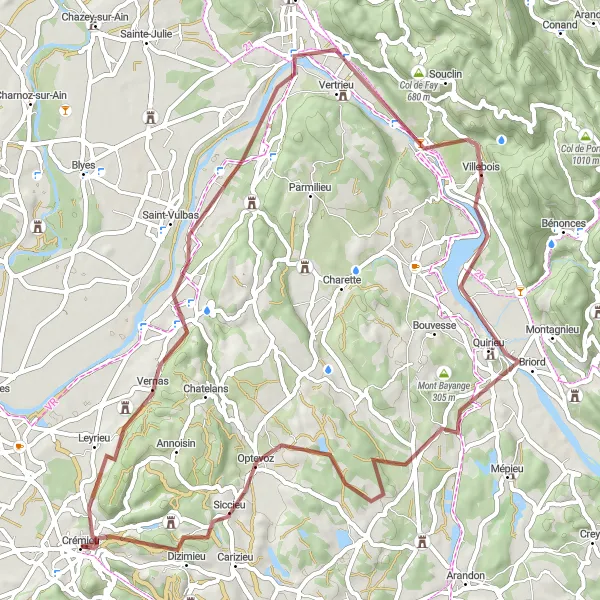 Karttaminiaatyyri "Crémieu - Vernas - Saint-Sorlin-en-Bugey - Villebois - Briord - Optevoz - Dizimieu - Crémieu" pyöräilyinspiraatiosta alueella Rhône-Alpes, France. Luotu Tarmacs.app pyöräilyreittisuunnittelijalla