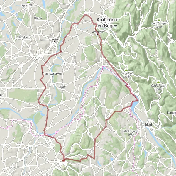 Miniatua del mapa de inspiración ciclista "Ruta Escénica de Grava desde Crémieu" en Rhône-Alpes, France. Generado por Tarmacs.app planificador de rutas ciclistas